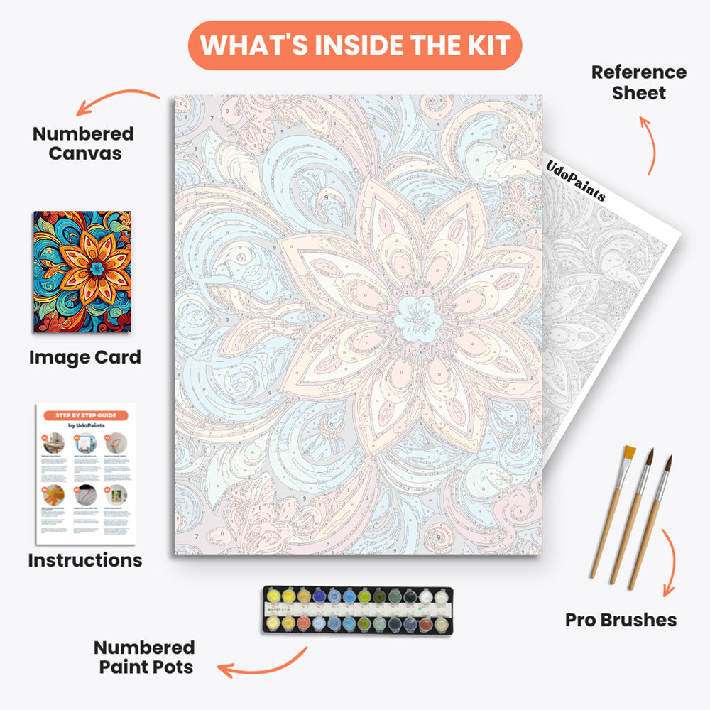 Vibrant Mandala Design Paint by Numbers Kit – includes numbered canvas, paint pots, brushes, and instructions