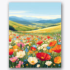 Paint by numbers design of wildflowers, rolling hills, bright red poppies, multicolored blossoms