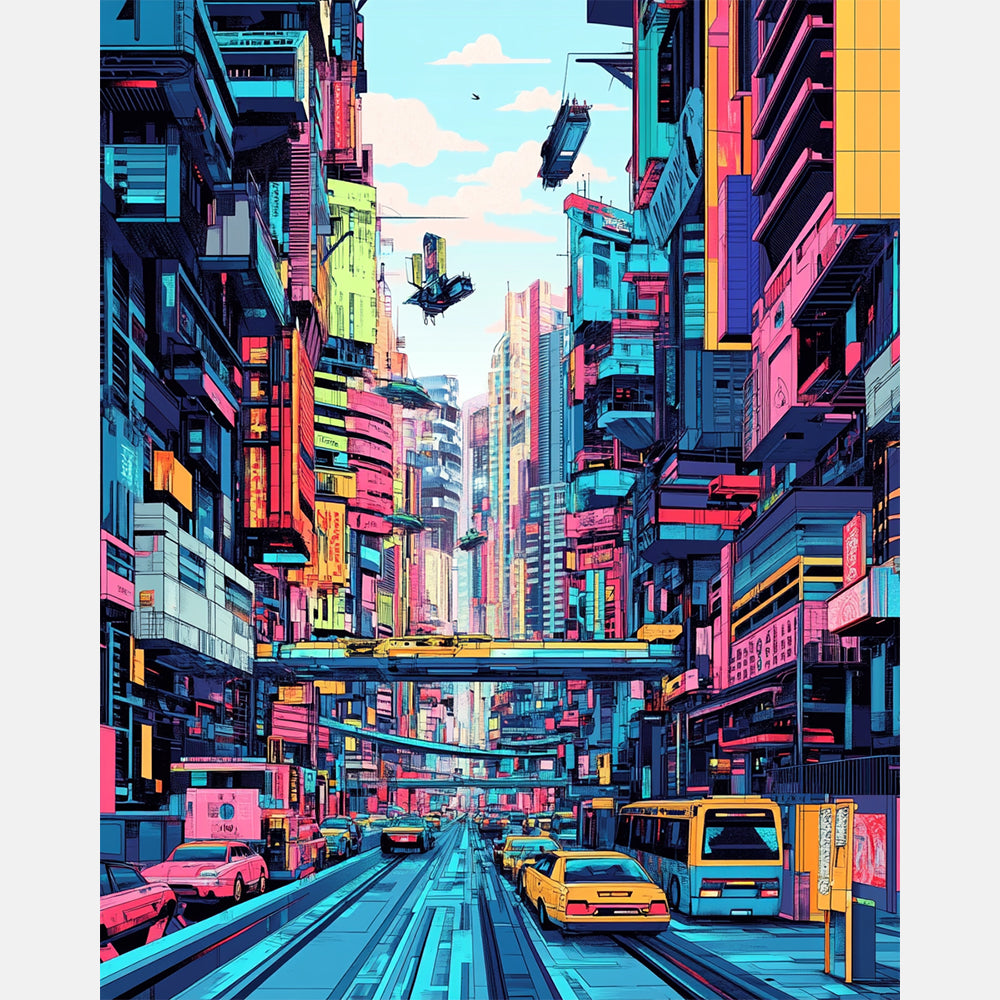 Vibrant Metropolis Paint by Numbers Kit design preview showing the full artwork layout before painting