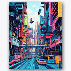 Paint by numbers design of futuristic city, flying vehicles, neon-lit skyscrapers, flying hovercrafts