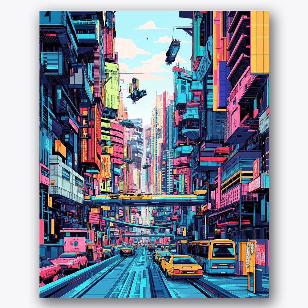 Paint by numbers design of futuristic city, flying vehicles, neon-lit skyscrapers, flying hovercrafts
