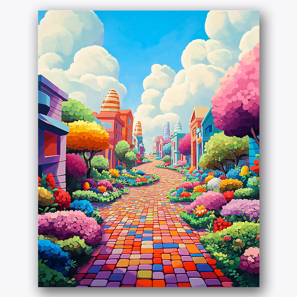 Paint by numbers design of cobblestone path, colorful buildings, vibrant cobblestone path, bright floral gardens