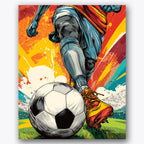 Paint by numbers design of soccer player, soccer ball, vibrant color splashes, dynamic limb motion
