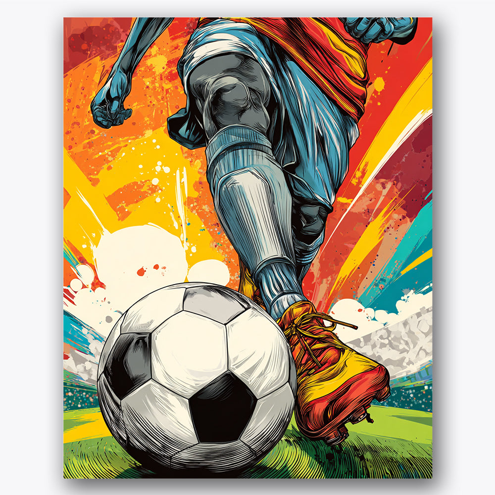 Paint by numbers design of soccer player, soccer ball, vibrant color splashes, dynamic limb motion