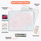 Vibrant Scarlet Dahlias Paint by Numbers Kit – includes numbered canvas, paint pots, brushes, and instructions