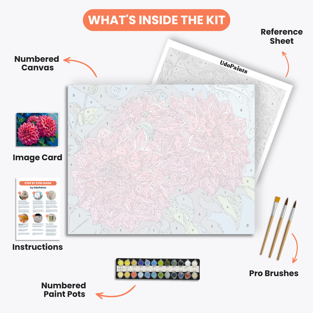 Vibrant Scarlet Dahlias Paint by Numbers Kit – includes numbered canvas, paint pots, brushes, and instructions