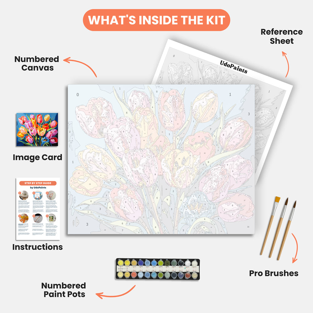 Vibrant Tulip Bouquet Paint by Numbers Kit – includes numbered canvas, paint pots, brushes, and instructions