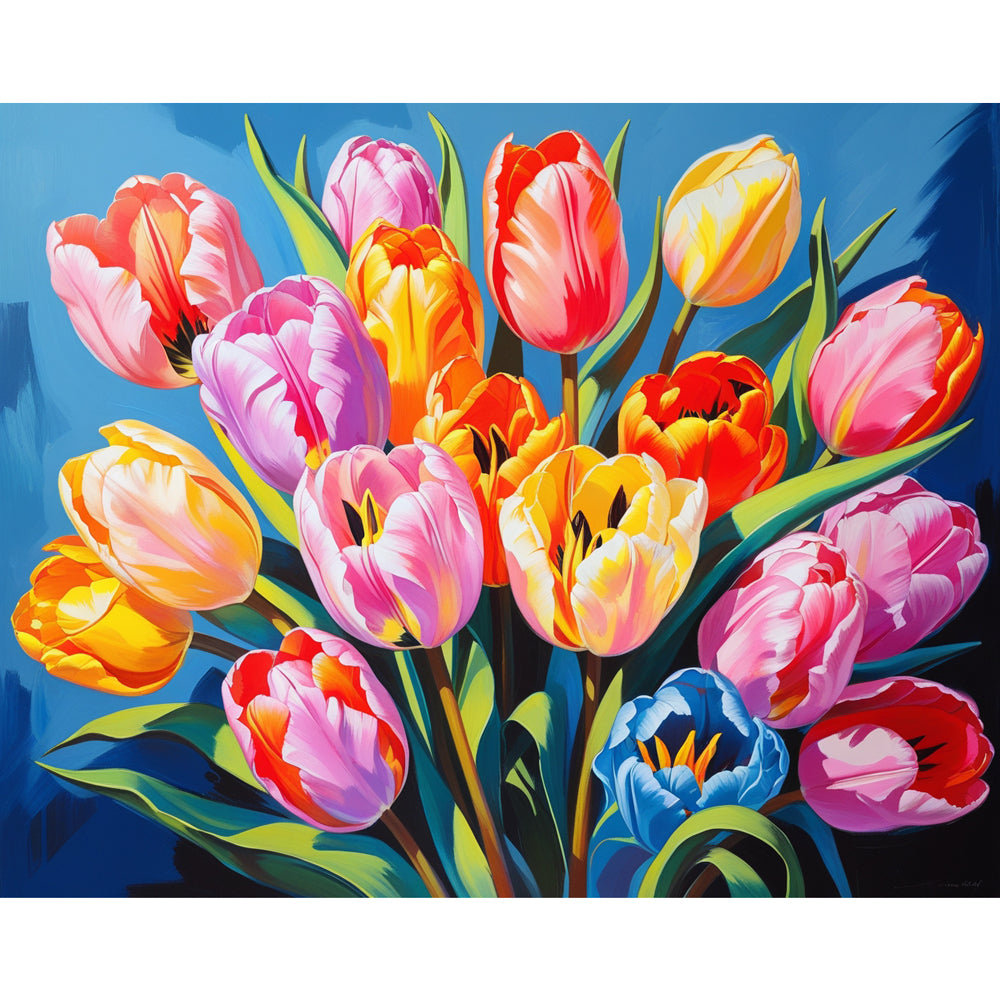 Vibrant Tulip Bouquet Paint by Numbers Kit design preview showing the full artwork layout before painting