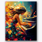 Paint by numbers design of woman, piano, flowing hair, colorful flowers, A woman immersed in playing a piano