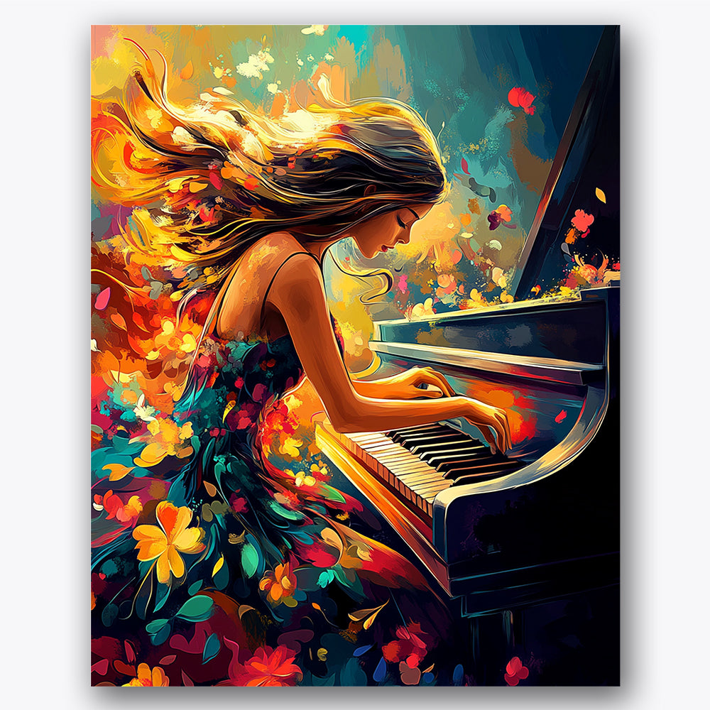 Paint by numbers design of woman, piano, flowing hair, colorful flowers, A woman immersed in playing a piano