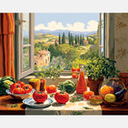 Village Kitchen View Paint by Numbers Kit design preview showing the full artwork layout before painting