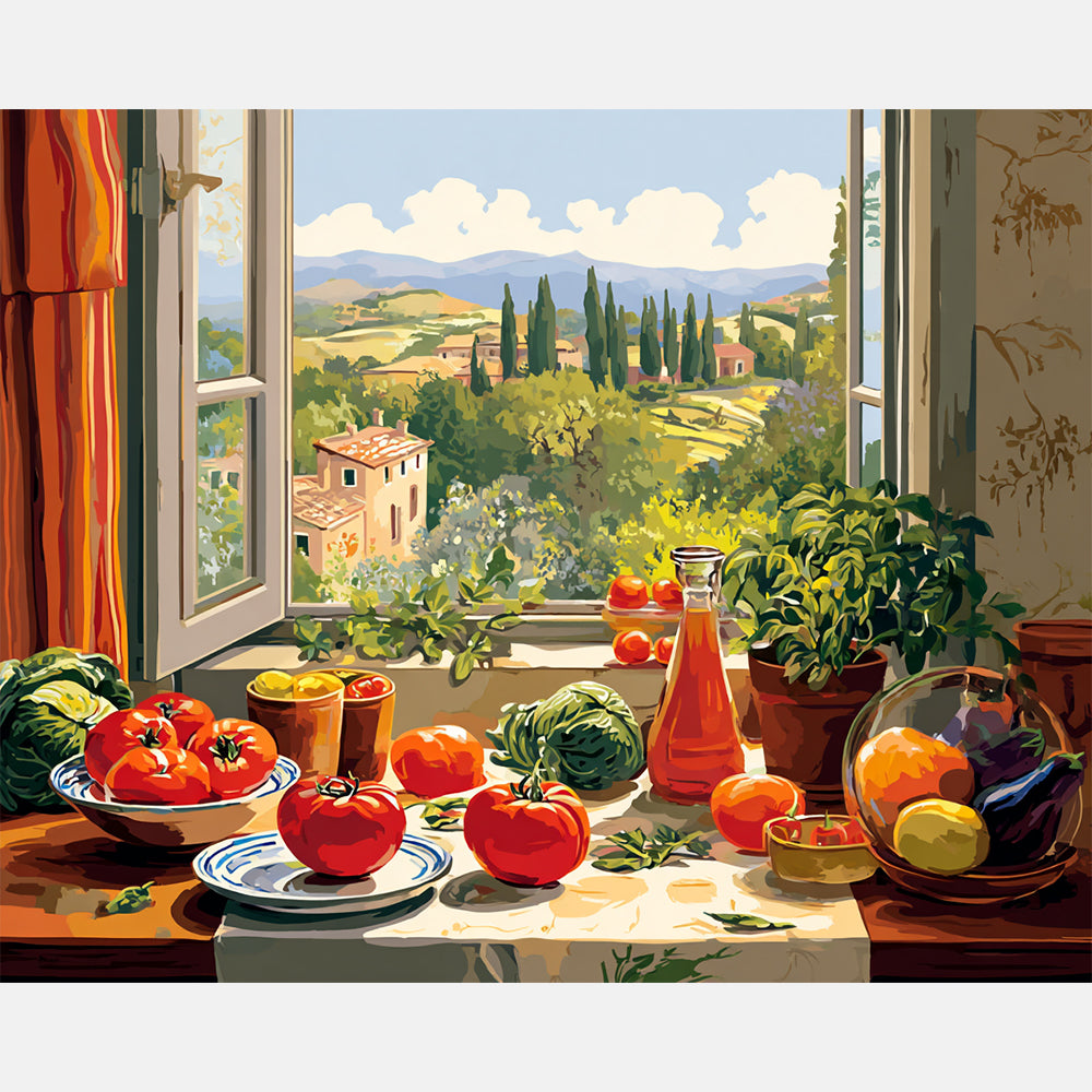 Village Kitchen View Paint by Numbers Kit design preview showing the full artwork layout before painting
