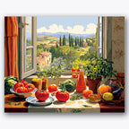 Paint by numbers design of kitchen window, Italian landscape, open window view, rolling hills