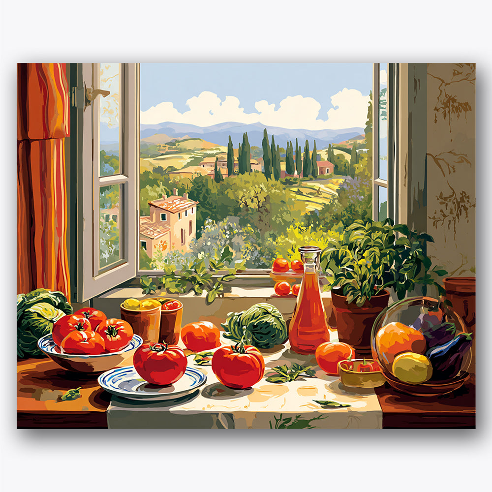 Paint by numbers design of kitchen window, Italian landscape, open window view, rolling hills