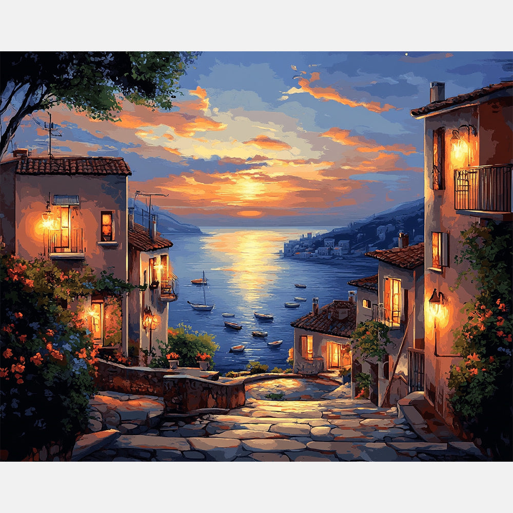 Village Sunset Shine Paint by Numbers Kit design preview showing the full artwork layout before painting