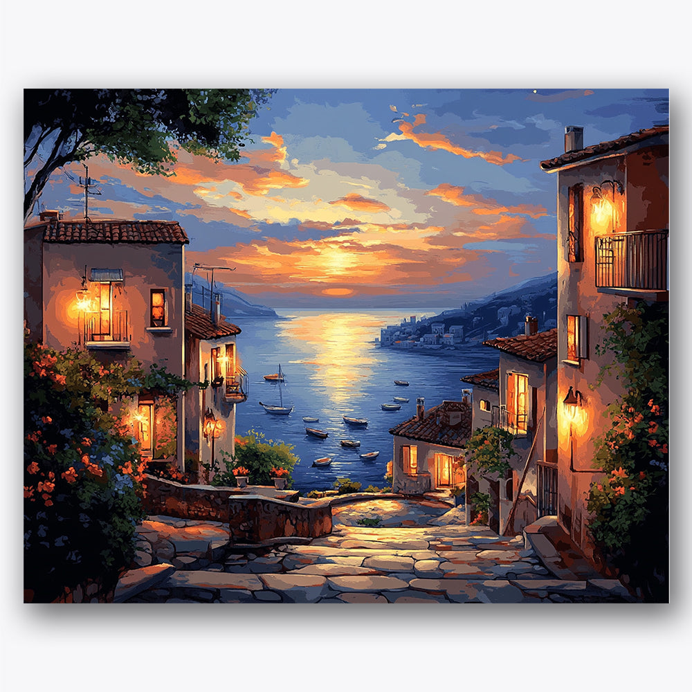 Paint by numbers design of coastal village, sunset, glowing windows, reflections on water