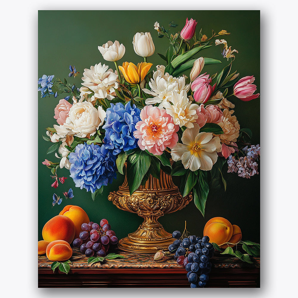 Paint by numbers design of bouquet, golden vase, golden ornate vase, vibrant mixed flowers