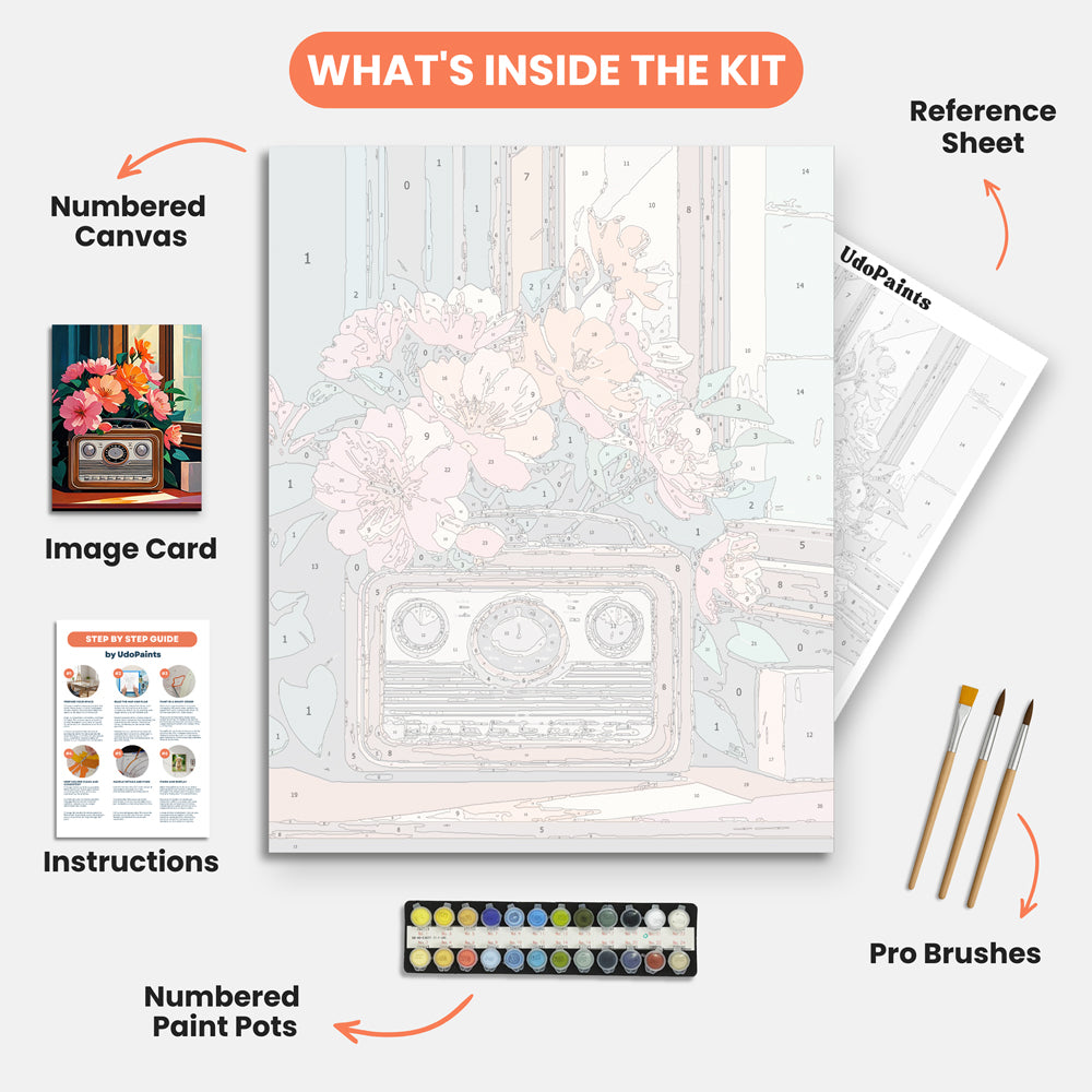 Vintage Radio Bloom Paint by Numbers Kit – includes numbered canvas, paint pots, brushes, and instructions