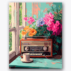 Paint by numbers design of vintage radio, flowers, vintage radio, ceramic coffee mug