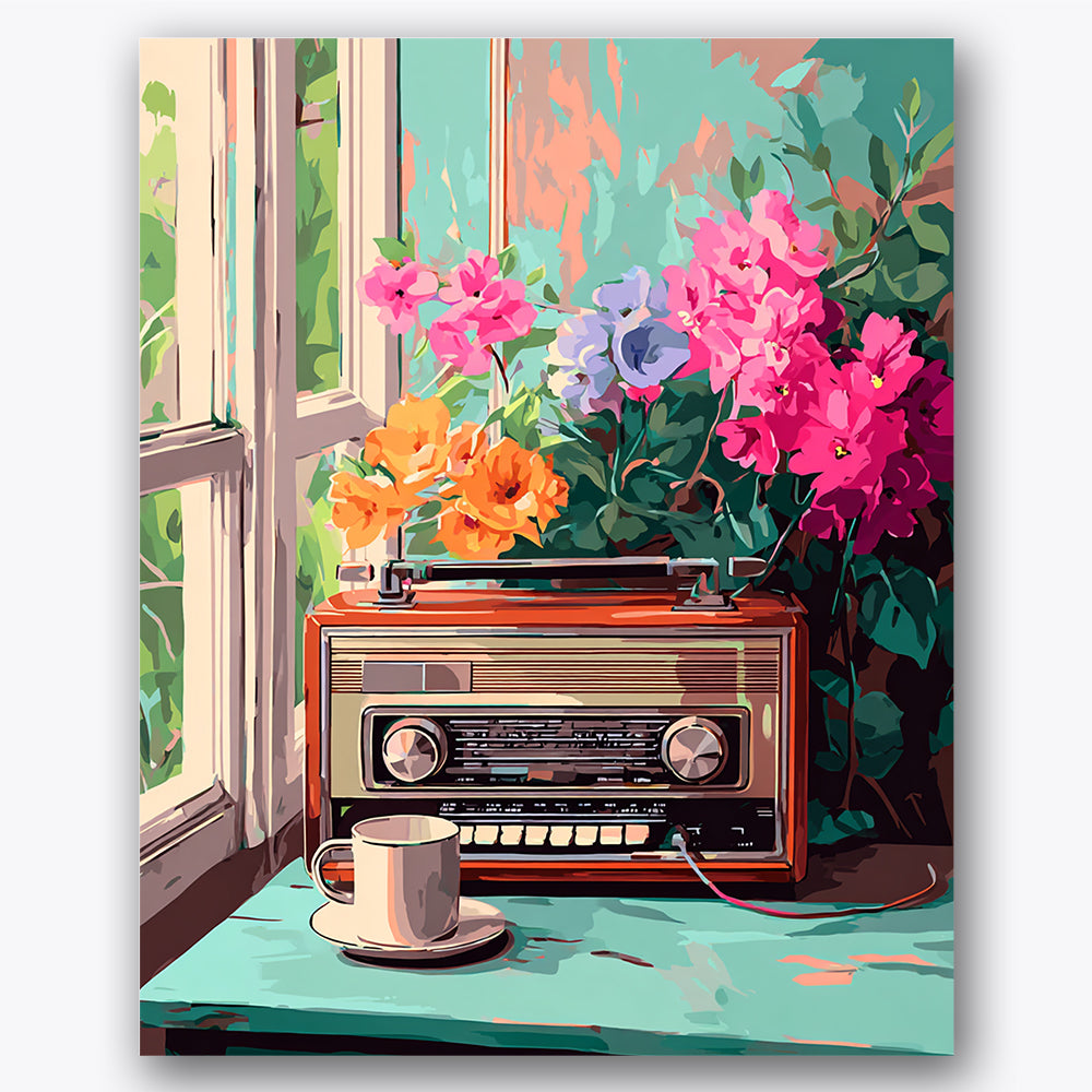 Paint by numbers design of vintage radio, flowers, vintage radio, ceramic coffee mug