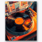Paint by numbers design of vintage turntable, vibrant vinyl record, vintage turntable, spinning vinyl record