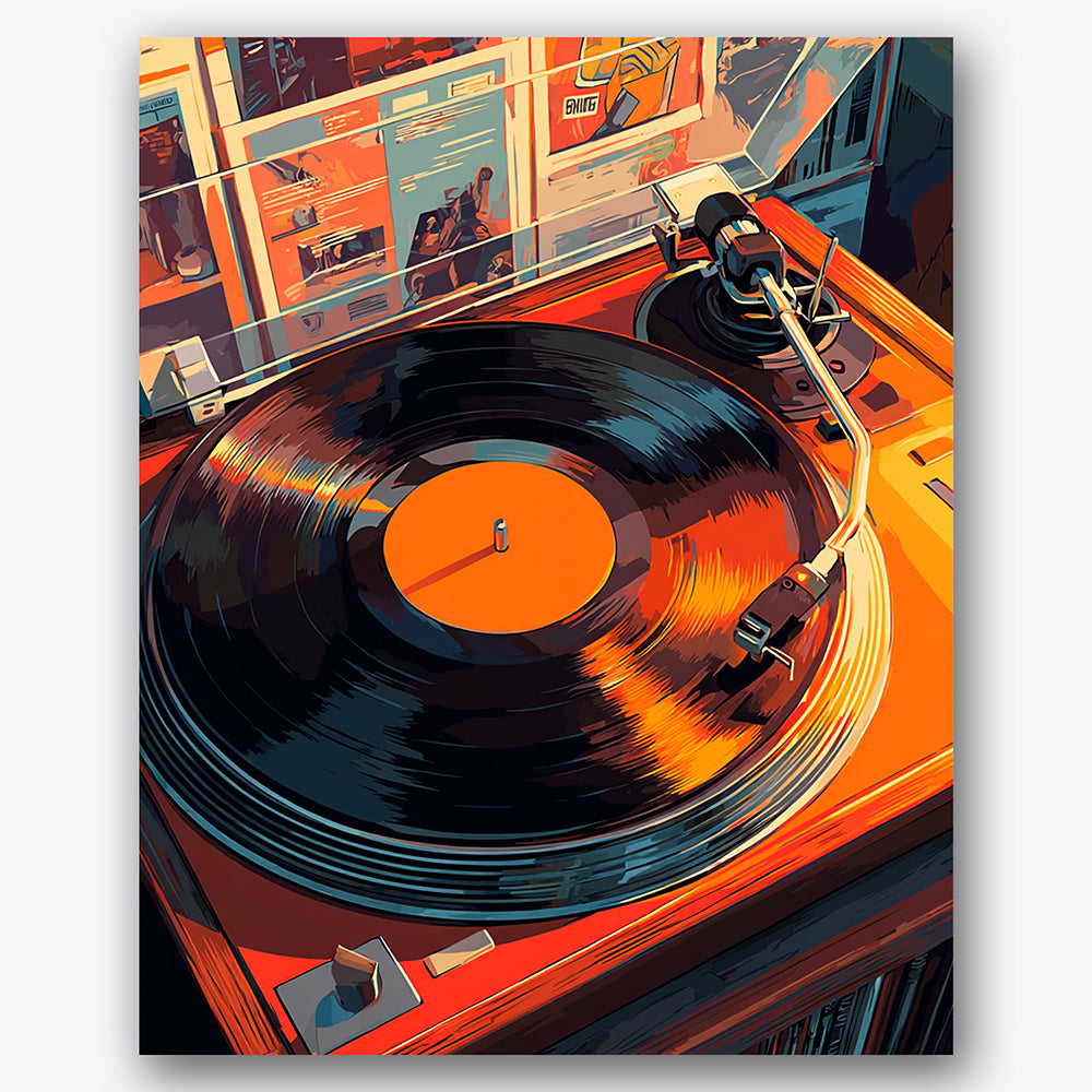 Paint by numbers design of vintage turntable, vibrant vinyl record, vintage turntable, spinning vinyl record