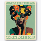 Paint by numbers design of woman, vinyl records, vibrant record colors, contrast of dark and light