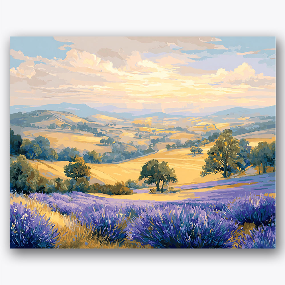 Paint by numbers design of lavender field, rolling hills, vast lavender fields, rolling golden hills