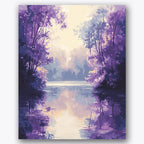 Paint by numbers design of river, violet trees, violet treetops, reflected water