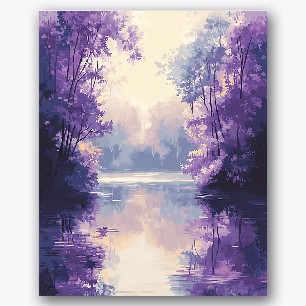 Paint by numbers design of river, violet trees, violet treetops, reflected water