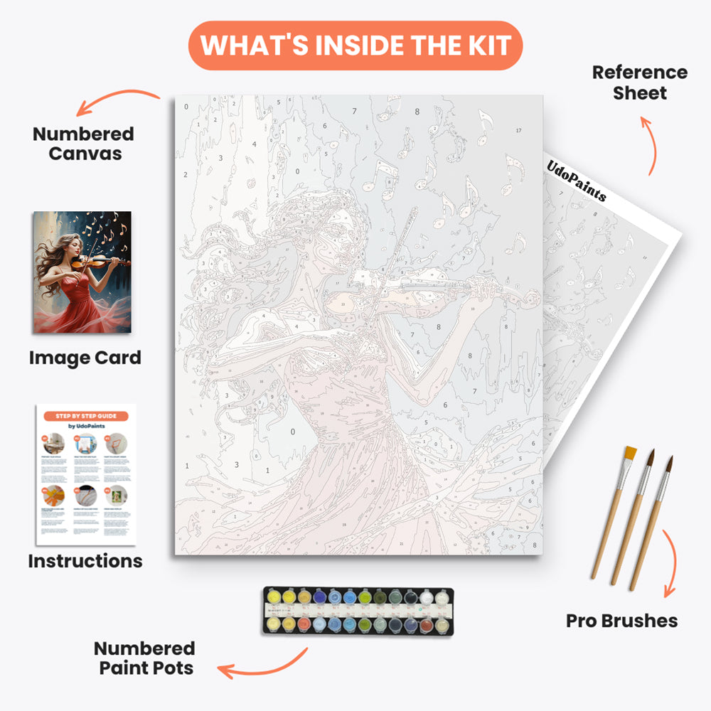 Violinist's Melody Paint by Numbers Kit – includes numbered canvas, paint pots, brushes, and instructions