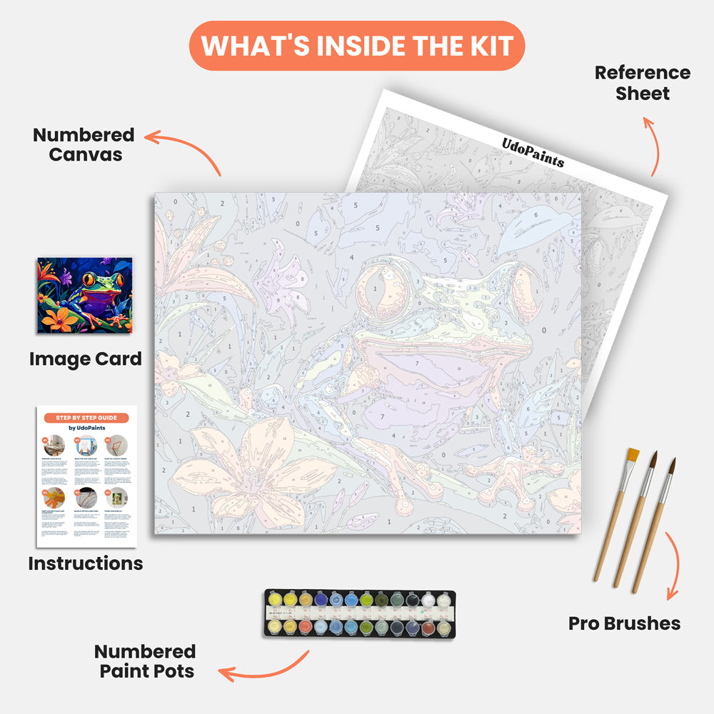 Vivacious Frog Paint by Numbers Kit – includes numbered canvas, paint pots, brushes, and instructions