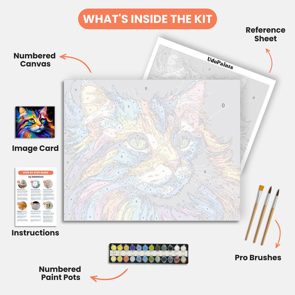 Vivid Cat Paint by Numbers Kit – includes numbered canvas, paint pots, brushes, and instructions