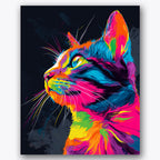 Paint by numbers design of cat, neon colors, vivid neon colors, profile view