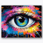 Paint by numbers design of eye, color splashes, vibrant color splashes, detailed eyelashes