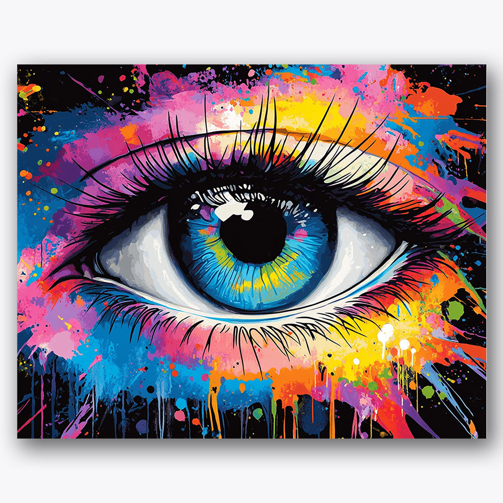 Paint by numbers design of eye, color splashes, vibrant color splashes, detailed eyelashes