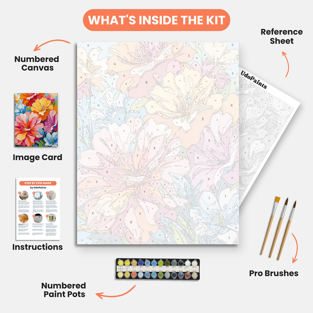 Vivid Floral Burst Paint by Numbers Kit – includes numbered canvas, paint pots, brushes, and instructions