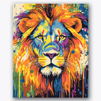 Paint by numbers design of lion, vivid colors, bold flowing mane, striking yellow eyes