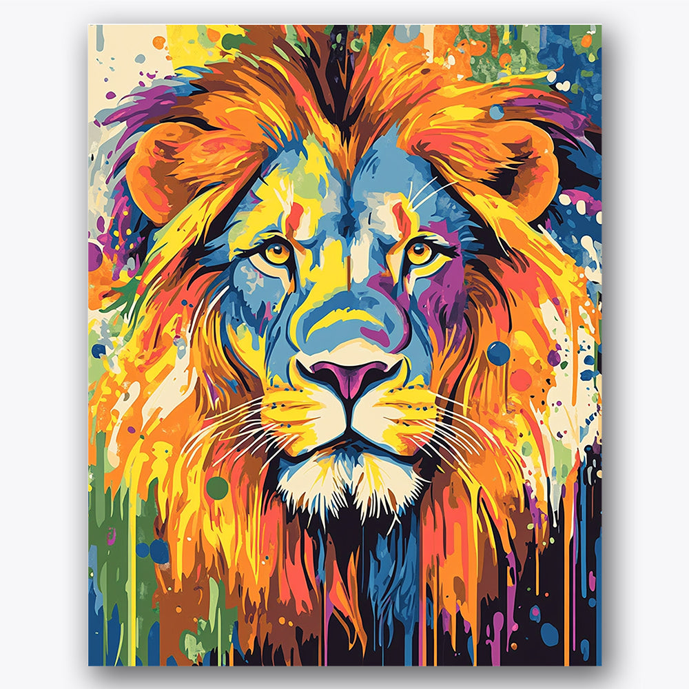 Paint by numbers design of lion, vivid colors, bold flowing mane, striking yellow eyes