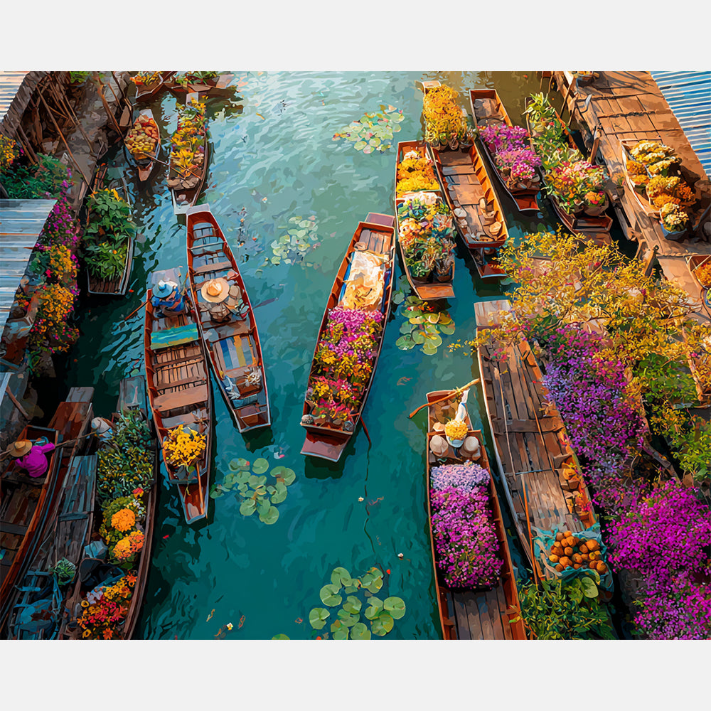 Vivid River Market Paint by Numbers Kit design preview showing the full artwork layout before painting