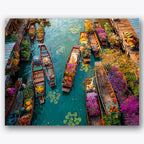 Paint by numbers design of floating market, flower-laden boats, flower-laden boats, bright water reflections
