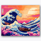 Paint by numbers design of wave, cherry blossoms, large curling wave, pink cherry blossoms