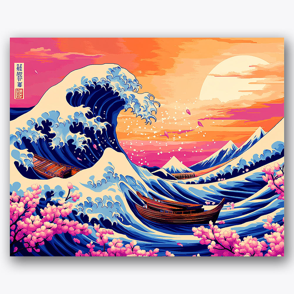 Paint by numbers design of wave, cherry blossoms, large curling wave, pink cherry blossoms
