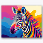 Paint by numbers design of zebra, multicolored stripes, multicolored zebra stripes, vibrant rainbow mane