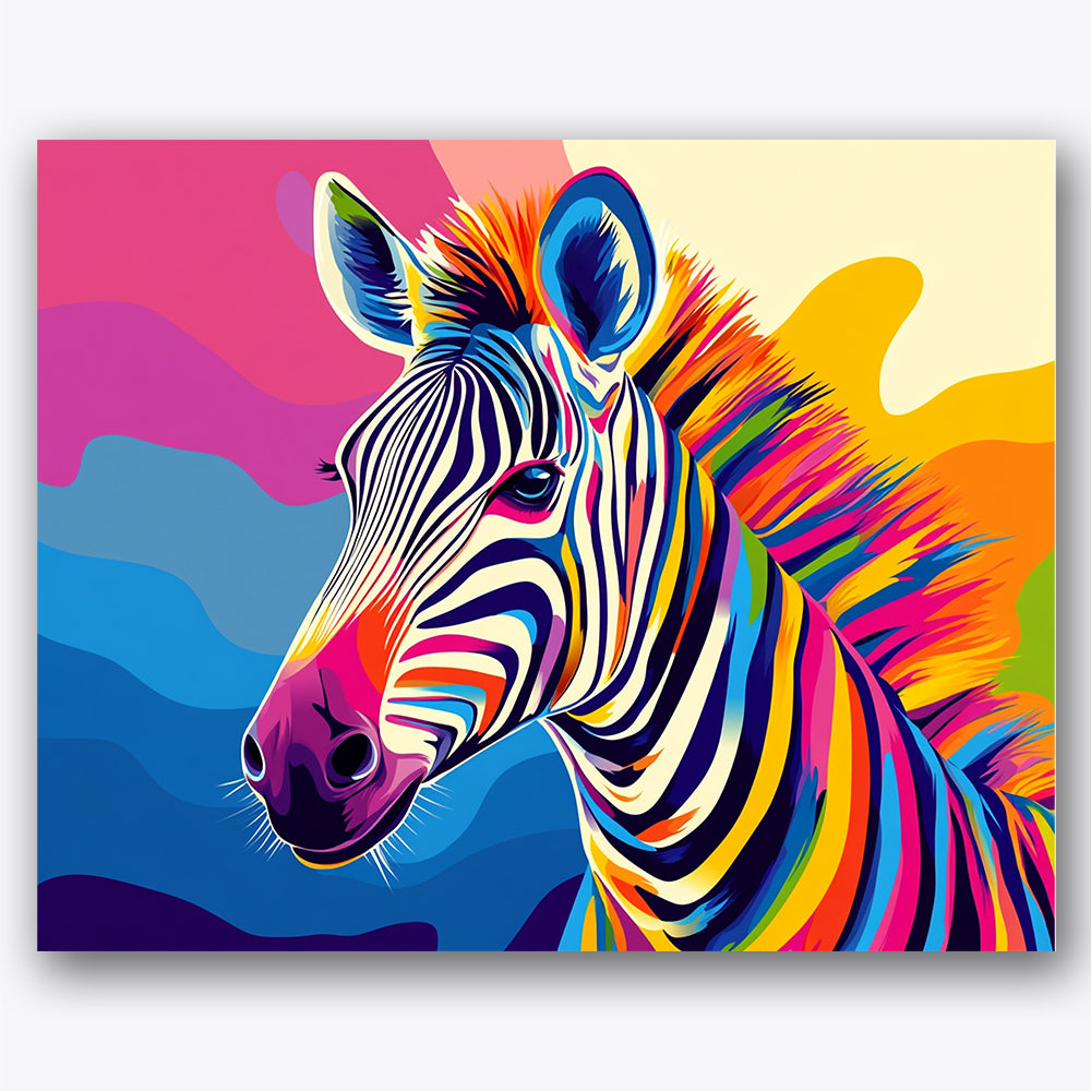 Paint by numbers design of zebra, multicolored stripes, multicolored zebra stripes, vibrant rainbow mane