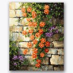 Paint by numbers design of flowers, stone wall, orange flowers, purple blooms