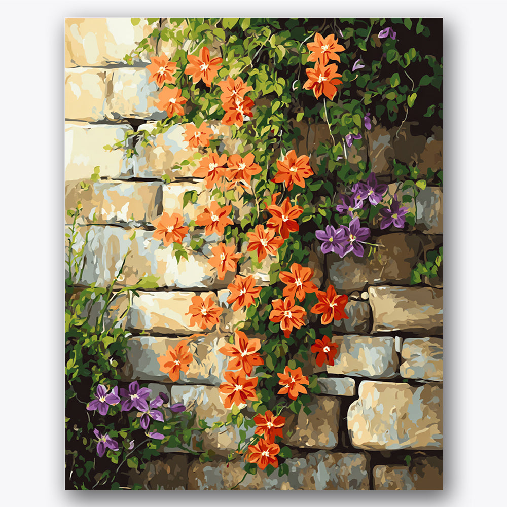 Paint by numbers design of flowers, stone wall, orange flowers, purple blooms