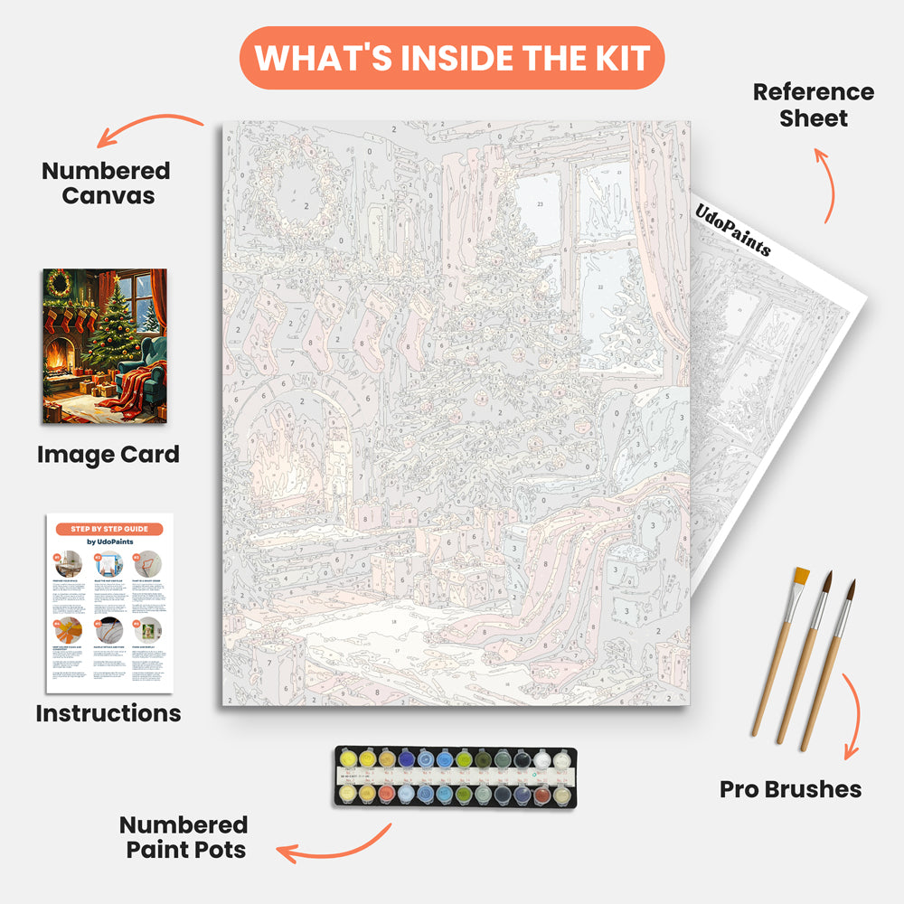 Warm Holiday Hearth Paint by Numbers Kit – includes numbered canvas, paint pots, brushes, and instructions