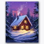 Paint by numbers design of cabin, winter forest, snow-laden roof, glowing windows
