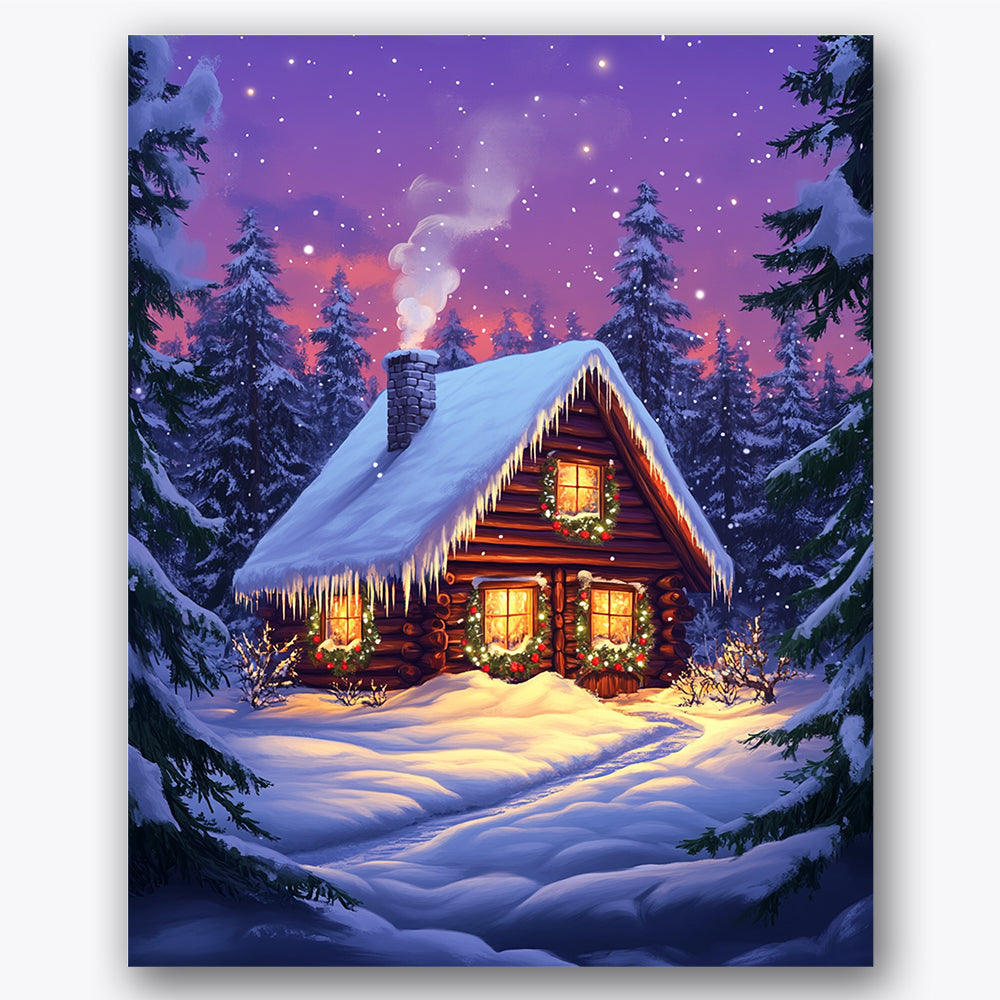 Paint by numbers design of cabin, winter forest, snow-laden roof, glowing windows